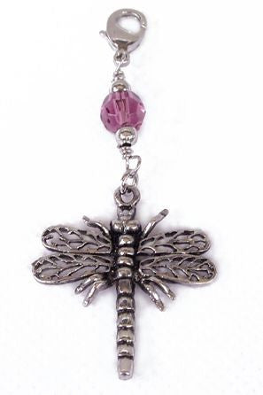 Silver dragonfly charm with pink glass bead – front view