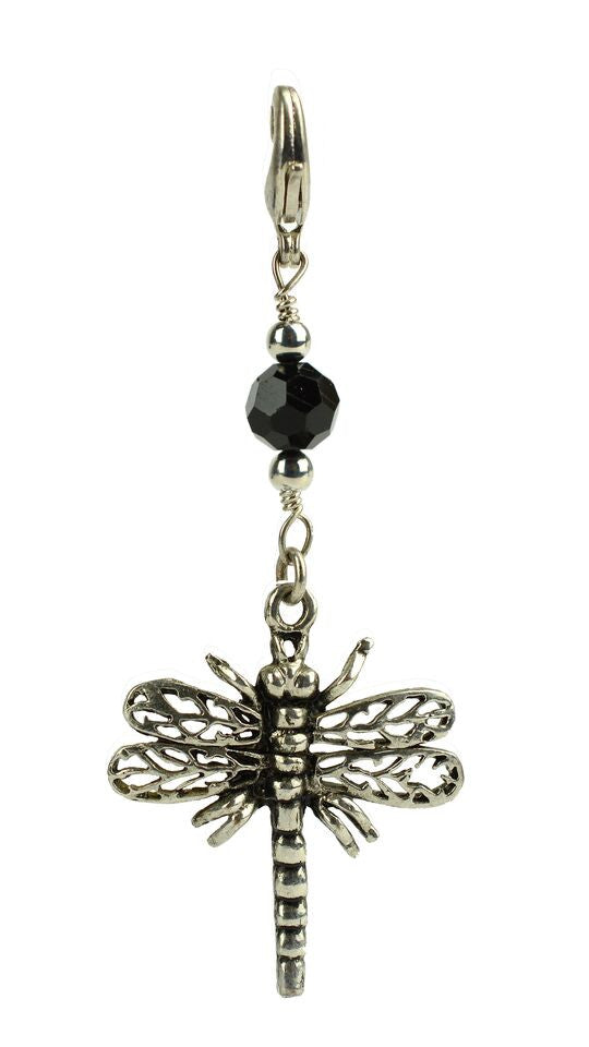 Silver dragonfly charm with black glass bead – front view