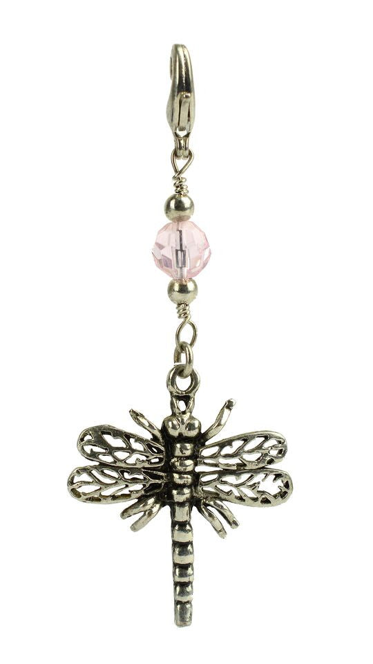 Silver dragonfly charm with clear glass bead – front view