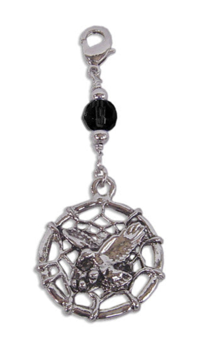 silver dream catcher charm with eagle detail, black faceted bead and lobster clasp