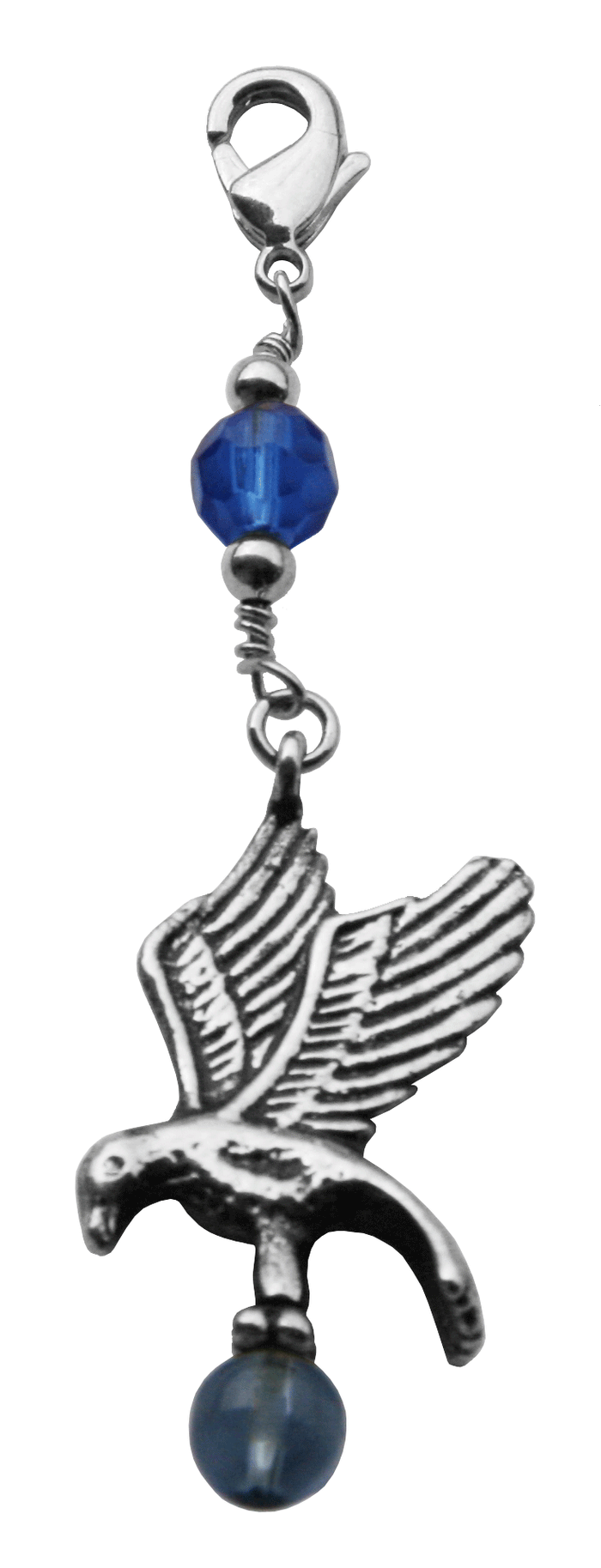 silver eagle charm with wings and blue faceted bead and lobster clasp