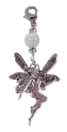 silver fairy charm with wings and clear faceted bead and lobster clasp