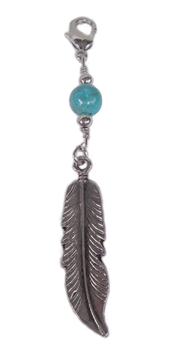 silver feather charm with turquoise bead hair accessory front view