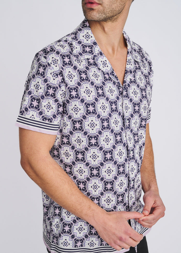 Lilac/Purple Medallions Printed Short Sleeve Woven Modal Border Shirt Pm-49037
