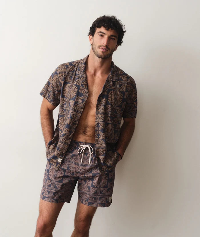 Lined Sport & Swim Short 6" - Brown/Navy Geo Fan Print