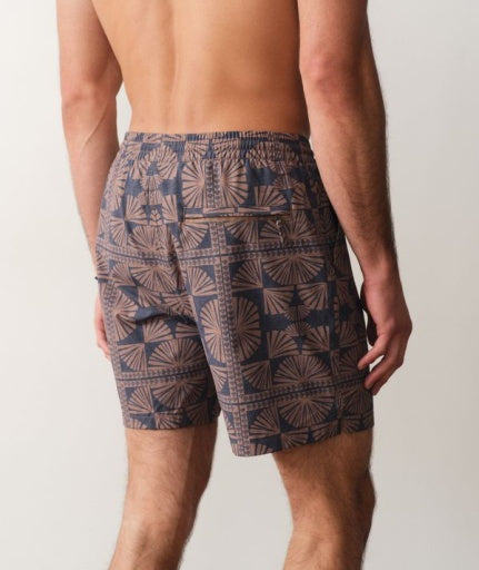 Lined Sport & Swim Short 6" - Brown/Navy Geo Fan Print