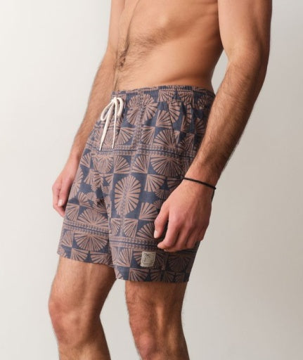 Lined Sport & Swim Short 6" - Brown/Navy Geo Fan Print