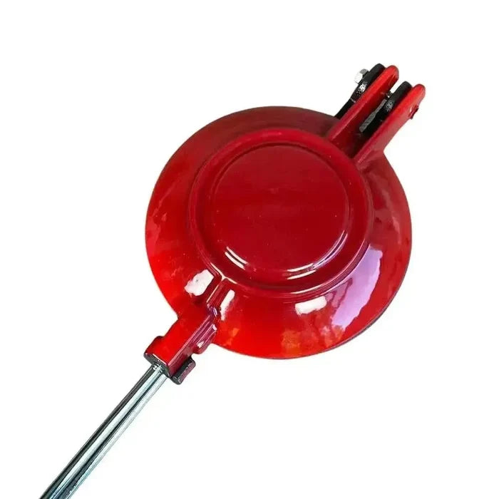 Red enamel LK Jaffle Iron with non-heat handles and 120mm diameter for toasting bread over fire
