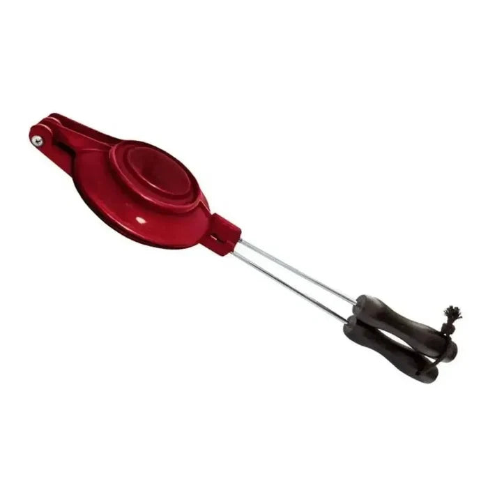 Red enamel LK Jaffle Iron with non-heat handles, aluminium body, 120mm diameter, made in South Africa.