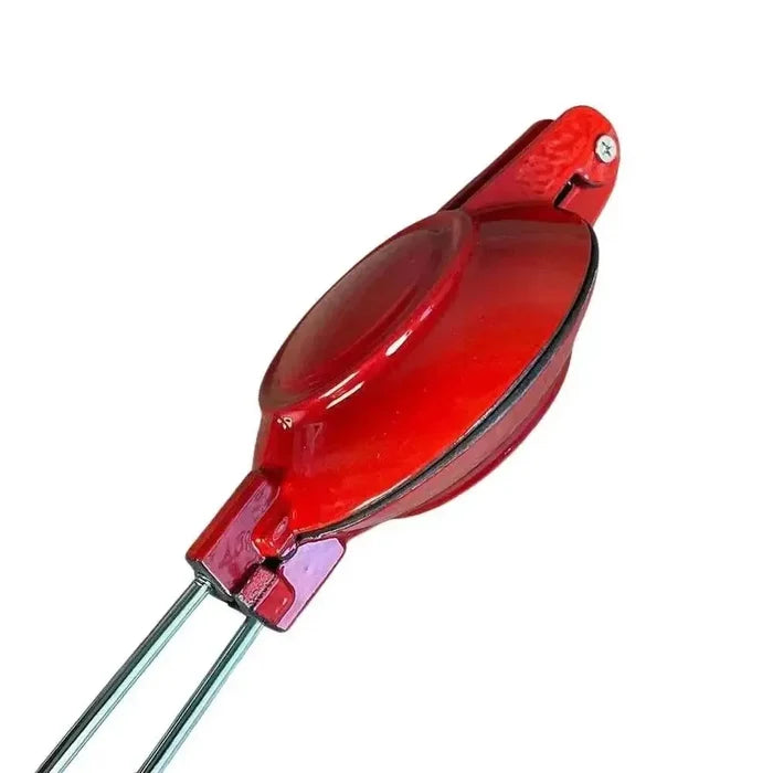 Red enamel LK Jaffle Iron with non-heat handles and aluminium body, 120mm diameter, made in South Africa