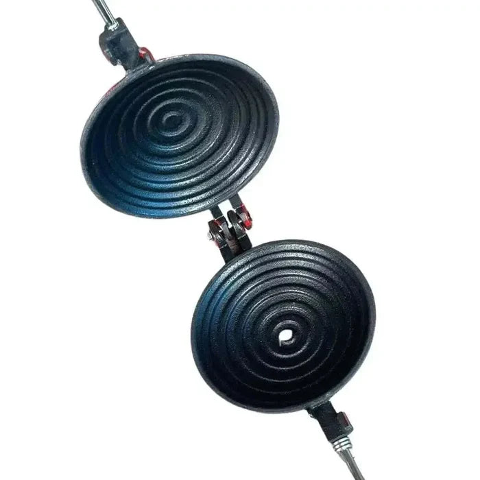 Red enamel LK Jaffle Iron with non-heat handles, enamel coated aluminum, 120mm diameter, made in South Africa