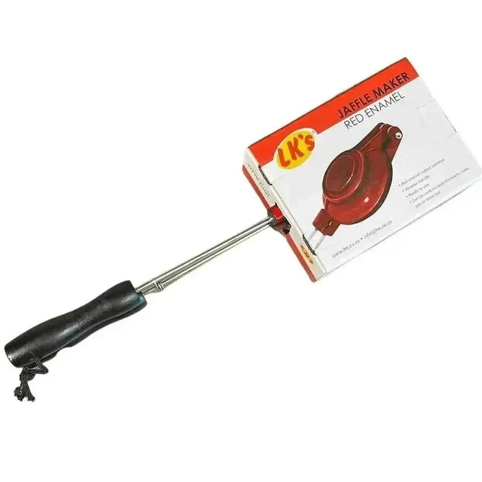 Red enamel LK Jaffle Iron with non-heat-conductive handle, aluminium and plastic, 120mm diameter, made in South Africa
