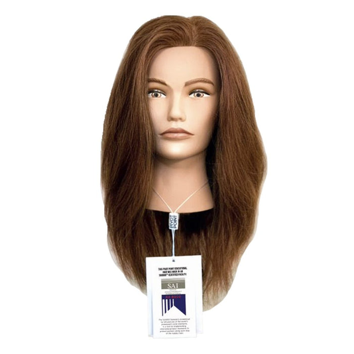 Sam Villa Mannequin Head Lydia, professional training mannequin with ethically sourced human hair, designed in partnership with Pivot Point for realistic cutting, coloring, styling, braiding, and updo practice, handcrafted by skilled artisans, ideal cosmetology education tool for students and stylists