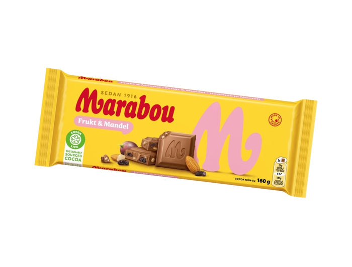 Marabou Chokladkaka Frukt & Mandel 160g (5.64 oz) – Authentic Swedish Milk Chocolate with Raisins & Almonds