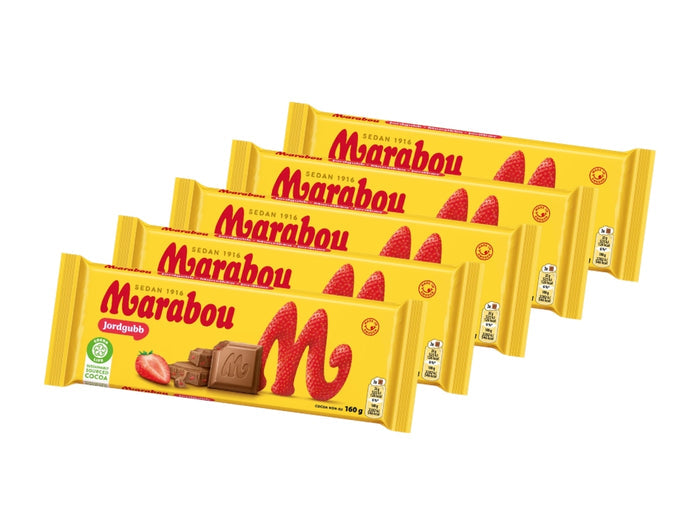 Marabou Chokladkaka Jordgubb 5 × 160g (5 × 5.64 oz) – Authentic Swedish Milk Chocolate with Crunchy Strawberry Pieces