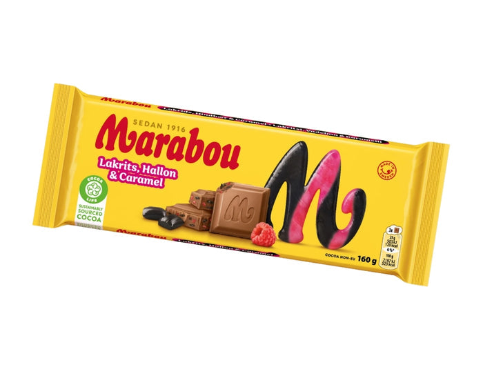 Marabou Chokladkaka Lakrits, Hallon & Caramel 160g (5.64 oz) – Authentic Swedish Milk Chocolate with Licorice, Raspberry & Caramel