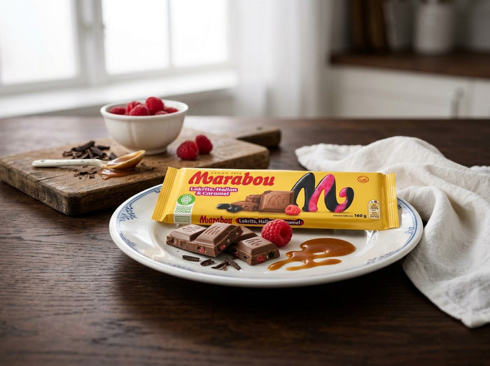 Marabou Chokladkaka Lakrits, Hallon & Caramel 160g (5.64 oz) – Authentic Swedish Milk Chocolate with Licorice, Raspberry & Caramel