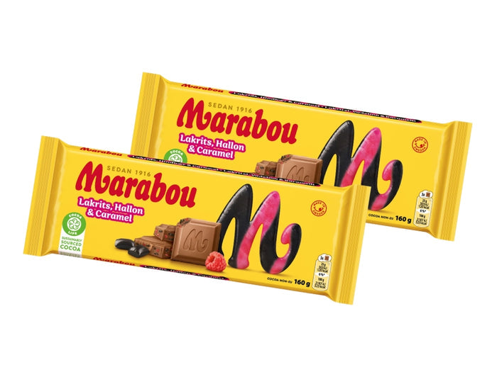 Marabou Chokladkaka Lakrits, Hallon & Caramel 2 × 160g (2 × 5.64 oz) – Authentic Swedish Milk Chocolate with Licorice, Raspberry & Caramel