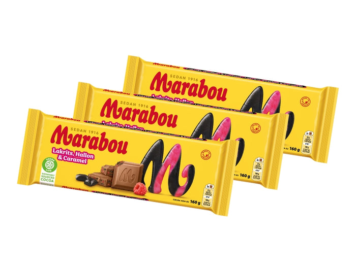Marabou Chokladkaka Lakrits, Hallon & Caramel 3 × 160g (3 × 5.64 oz) – Authentic Swedish Milk Chocolate with Licorice, Raspberry & Caramel
