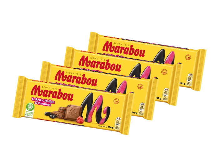 Marabou Chokladkaka Lakrits, Hallon & Caramel 4 × 160g (4 × 5.64 oz) – Authentic Swedish Milk Chocolate with Licorice, Raspberry & Caramel
