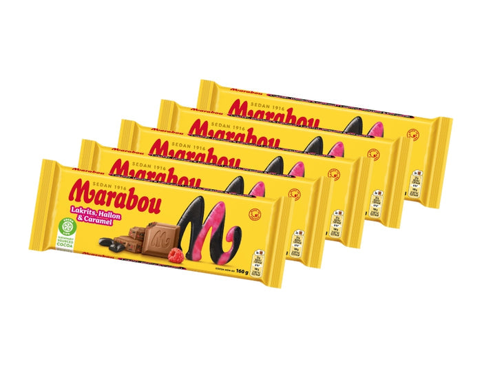Marabou Chokladkaka Lakrits, Hallon & Caramel 5 × 160g (5 × 5.64 oz) – Authentic Swedish Milk Chocolate with Licorice, Raspberry & Caramel