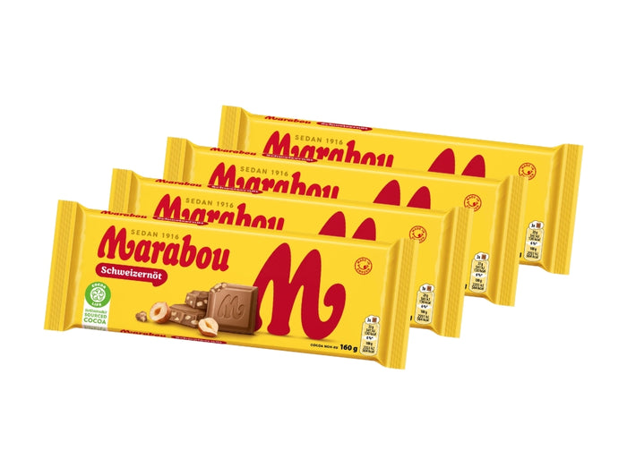 Marabou Chokladkaka Schweizernöt 4 × 160g (4 × 5.64 oz) – Authentic Swedish Milk Chocolate with Whole Hazelnuts