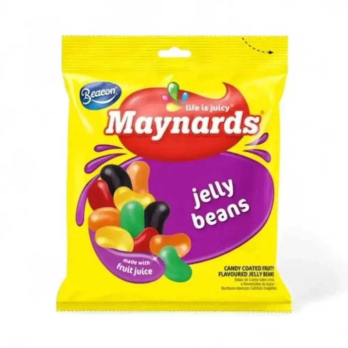 Maynards Fruit Jelly Beans 100g pack with colorful, candy-coated chewy jelly beans made with real fruit juice