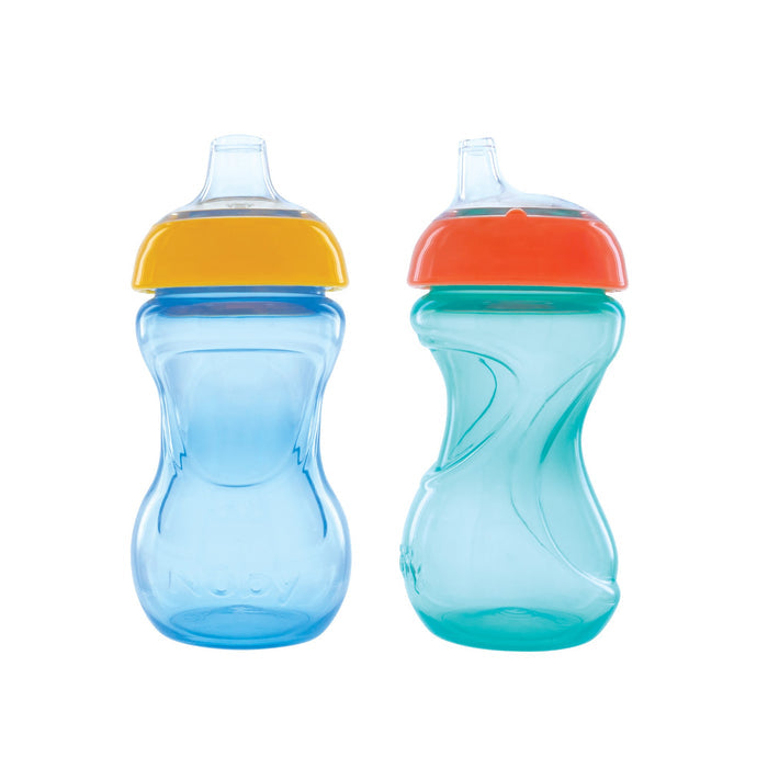 Two Nuby Mini Gripper Soft Spout Sippy Cups (2 Pack)—one blue with a yellow lid, one teal with an orange lid—feature ergonomic designs and spill-proof, leak-resistant soft spouts, shown against a white background.