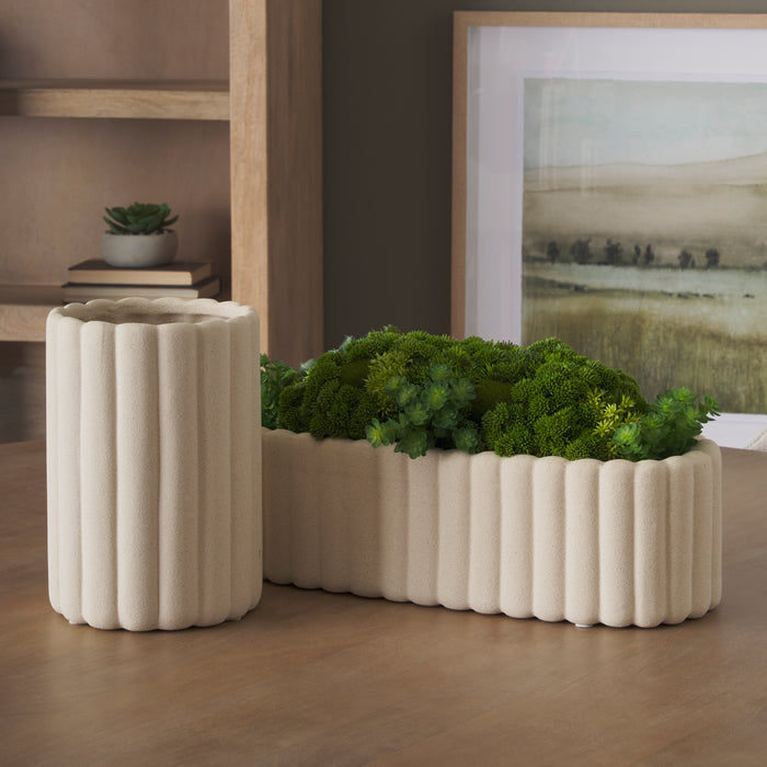 Mira Wide Textured Blush Beige Fluted Ceramic Vase - Magnolia Lane co. Home + Garden + Gift
