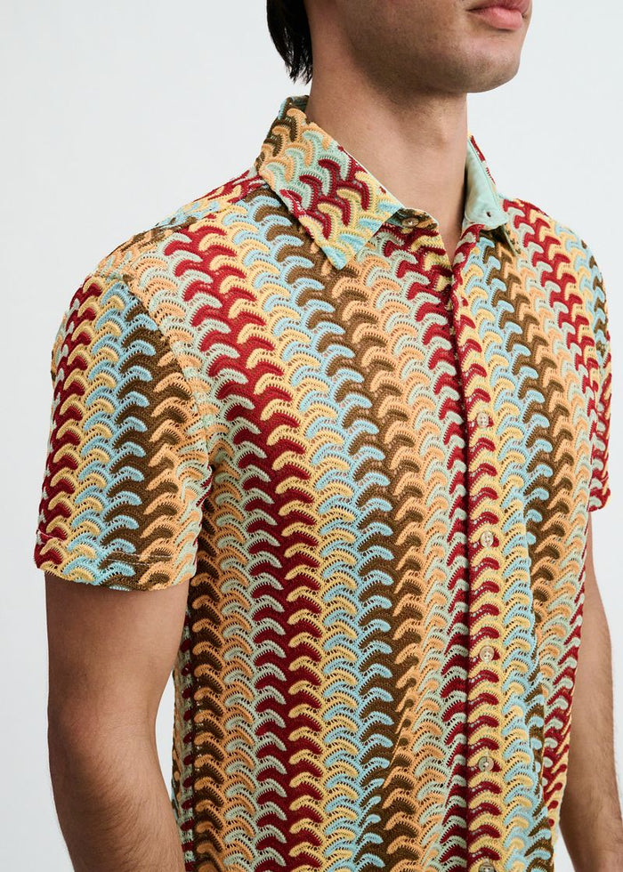 Mirage/Yolk Vertical Arrow Stripe Open Knit Short Sleeve Shirt St-24072