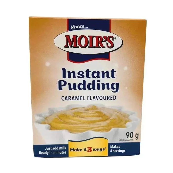 Moir's Instant Pudding Caramel 90g box with easy-to-make dessert instructions