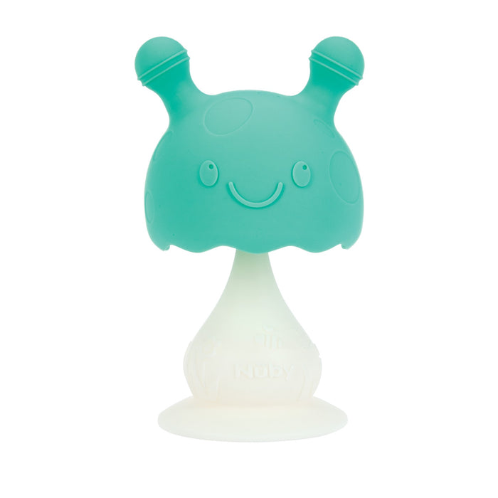 The Nuby Mushroom Bobble Head Teether Toy is a teal and white silicone teether shaped like a smiling mushroom with two round antennae and a wide base, perfect for soothing baby's sore gums.