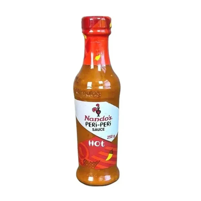 Nando's Peri-Peri HOT Sauce 250g bottle with fiery African Bird's Eye Chilli and spices