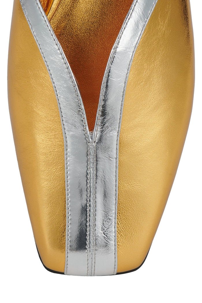 NARROWS Jeffrey Campbell Flat Mule Gold Silver Combo