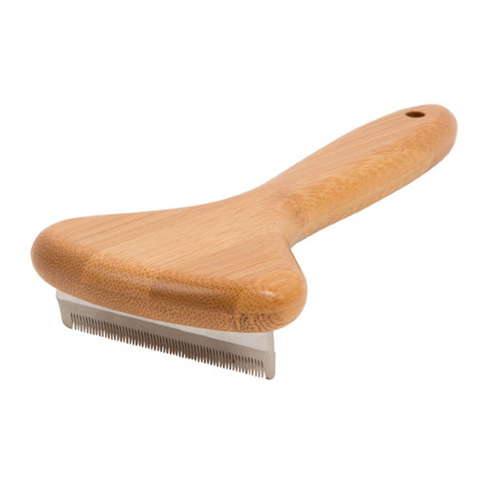 Wooden pet grooming brush with a white background.