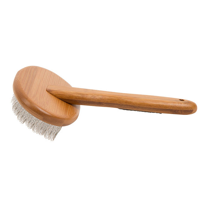 Wooden brush with metal bristles on a white background.