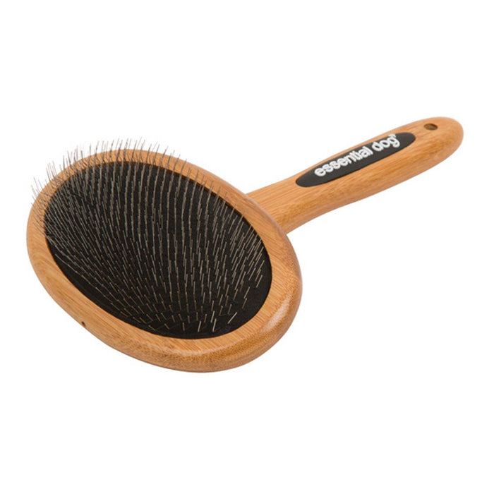Wooden pet grooming brush with bristles on a white background.
