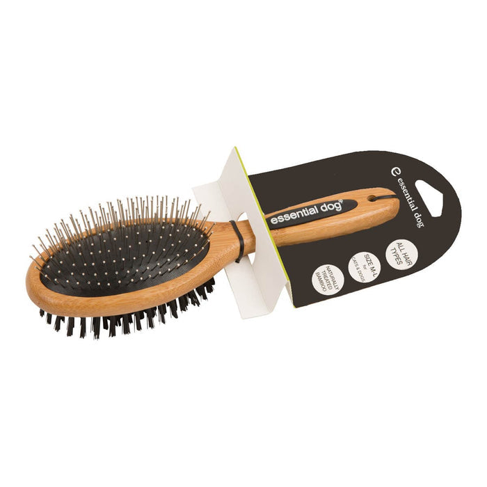 Pet grooming brush with wooden handle and black bristles, displayed against a white background.