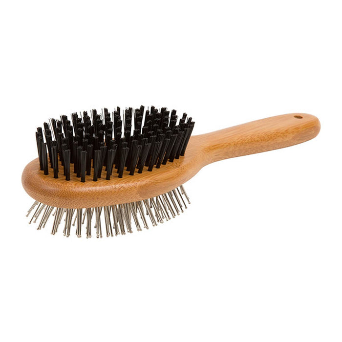 Hairbrush with wooden handle and black and silver bristles on a white background.