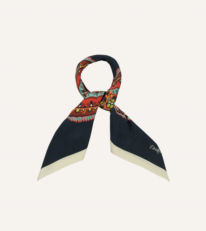Navy Jumbo Paisley Print Silk Bandana