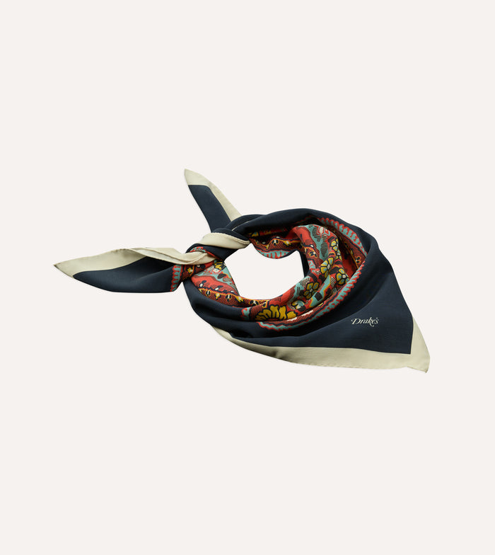 Navy Jumbo Paisley Print Silk Bandana