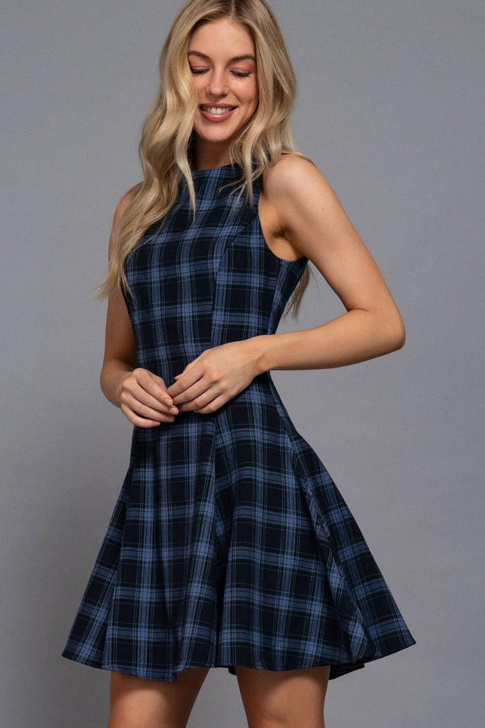 Navy Plaid Sleeveless Woven Mini Dress
