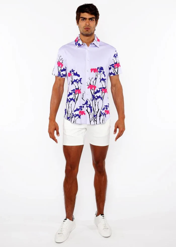 Navy/Lilac Floral Border Print Cotton Jersey Knit Short Sleeve Shirt St-9336