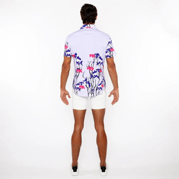 Navy/Lilac Floral Border Print Cotton Jersey Knit Short Sleeve Shirt St-9336