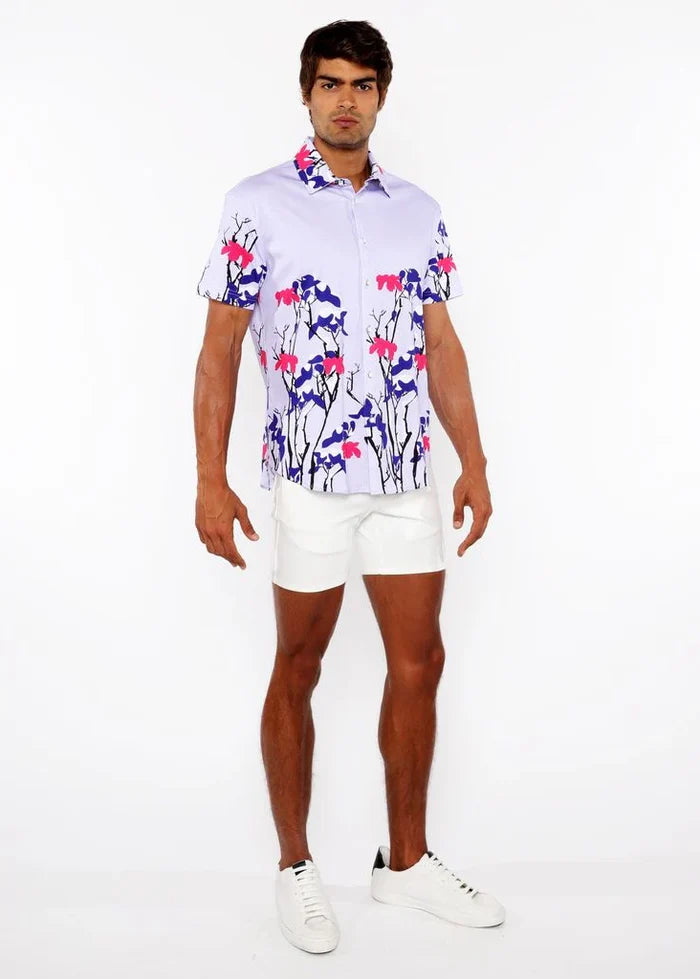 Navy/Lilac Floral Border Print Cotton Jersey Knit Short Sleeve Shirt St-9336
