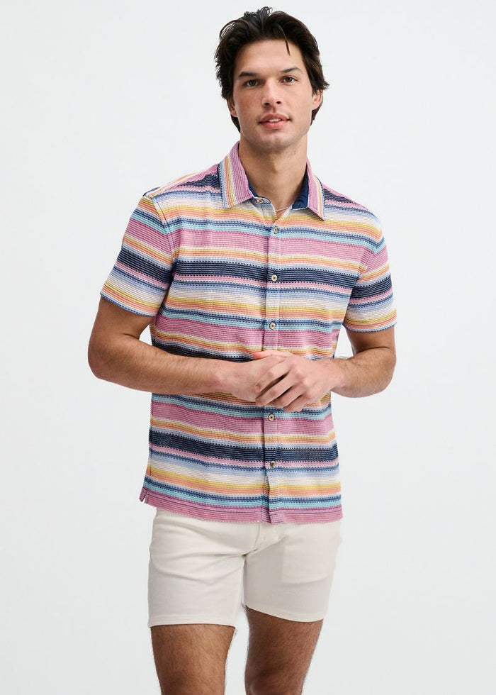 Navy/Pink Engineered Stripe Open Knit Short Sleeve Shirt St-24075