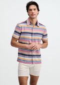 Navy/Pink Engineered Stripe Open Knit Short Sleeve Shirt St-24075