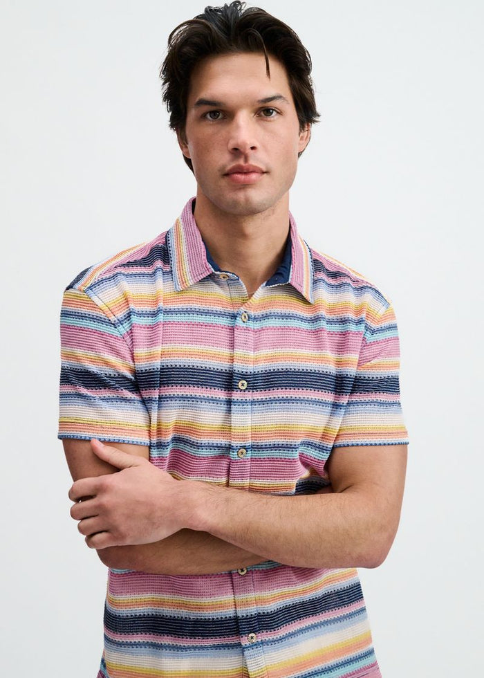 Navy/Pink Engineered Stripe Open Knit Short Sleeve Shirt St-24075