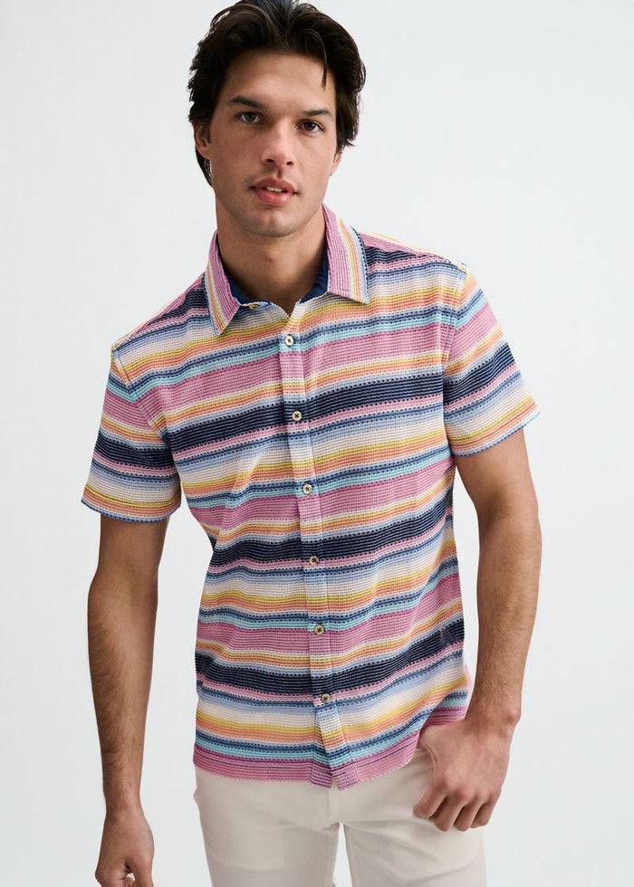 Navy/Pink Engineered Stripe Open Knit Short Sleeve Shirt St-24075