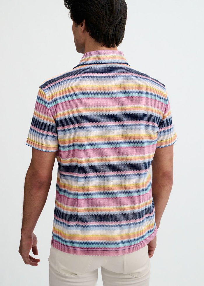 Navy/Pink Engineered Stripe Open Knit Short Sleeve Shirt St-24075